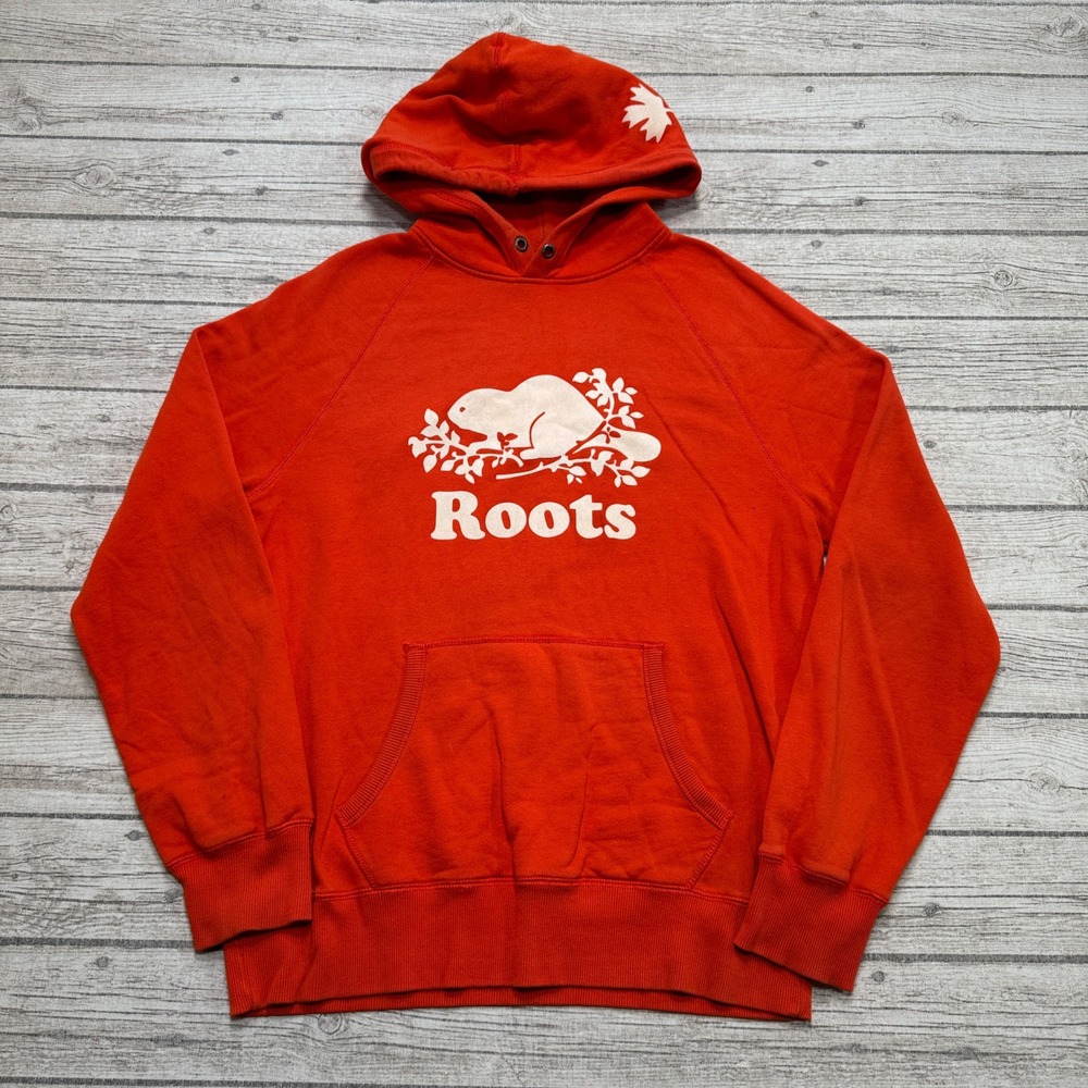 Roots Hoodie Mens Medium Orange Beaver Logo Loose Fit Pullover Streetwear Lounge